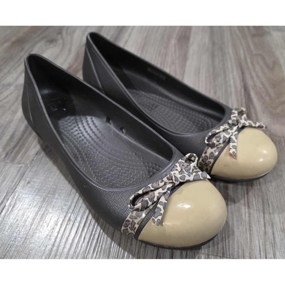 CROCS Cap Toe Bow Flats Slip On Shoes 201679 Espresso Gold Leopard Womens Size 8